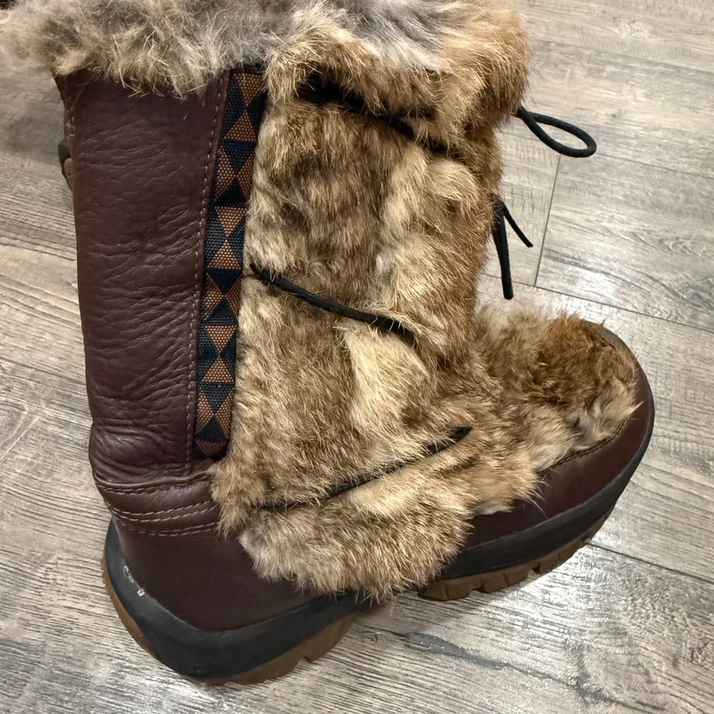 Ulu Womens Brown Leather Rabbit Fur Winter Snow Boots Size 8.5